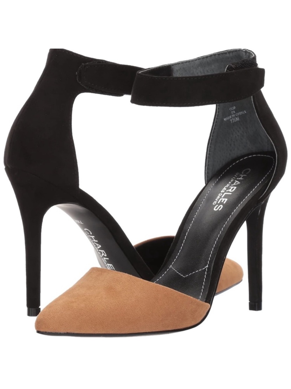 Charlies Two-Tone Pointed-Toe Ankle-Strap Heels in Black and Tan